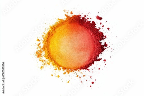 Red and yellow eyeshadow spill on white.
