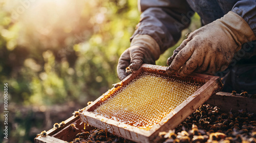 Beekeeper in protective gloves holding a honeycomb frame with bees in an apiary