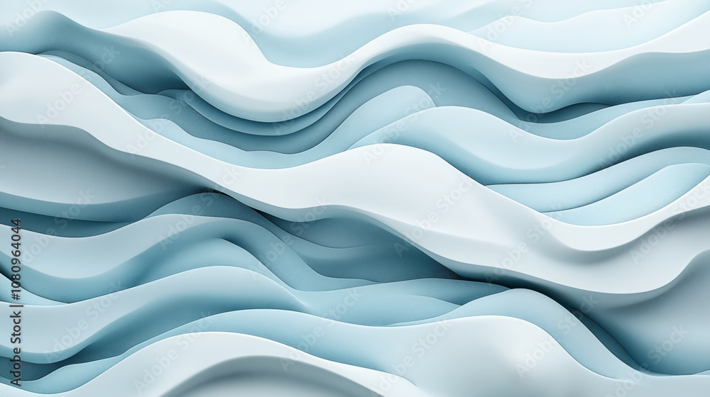 Abstract composition of layered wavy shapes in shades of blue and white, creating a fluid and dynamic pattern resembling waves or flowing fabric. Abstract composition of layered wavy shapes in shades of blue and white, creating a fluid and dynamic pattern resembling waves or flowing fabric.