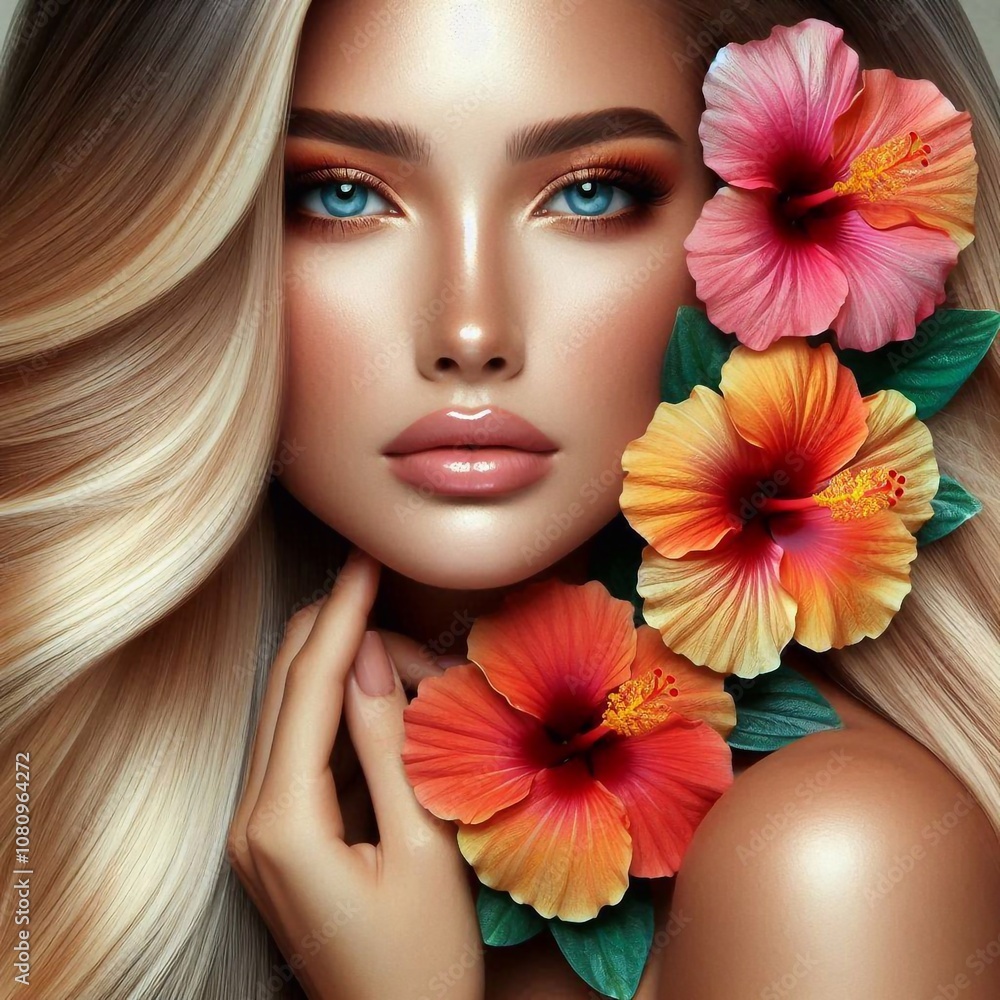 Hübsche junge Frau mit Hibiskusblüte in den Haaren Hübsche junge Frau mit Hibiskusblüte in den Haaren