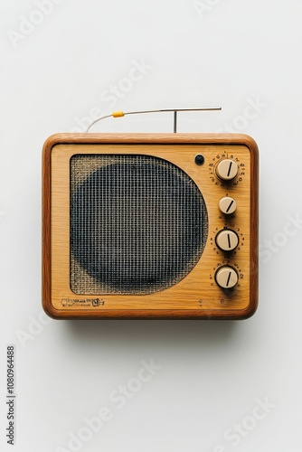 Vintage wooden radio with knobs.