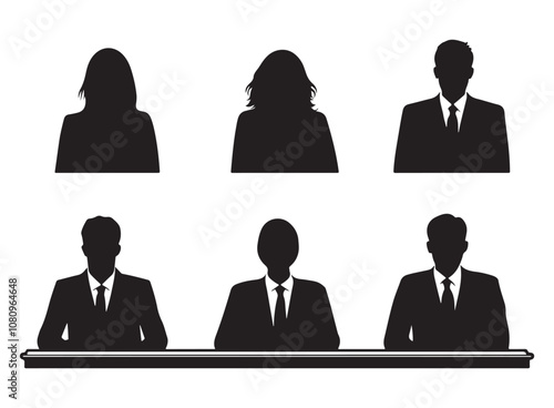 Silhouettes of diverse casual business people standing, walking, men, women full length. Business concept. Black monochrome Vector illustrations isolated on white background.