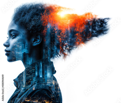 Profil de femme afro-américaine en double exposition avec des buildings dans les tons bleus