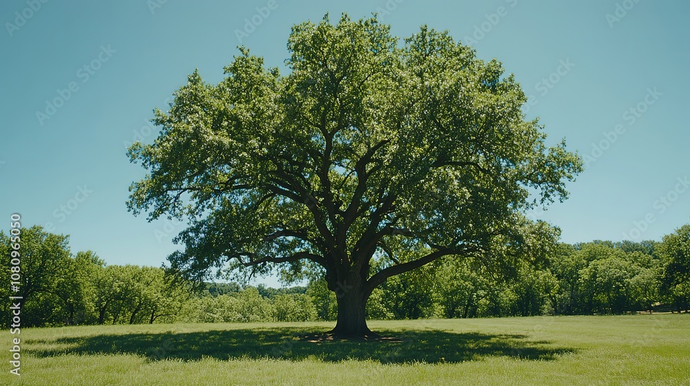 Fototapeta premium A large, leafy tree stands alone in a sunny, green field.