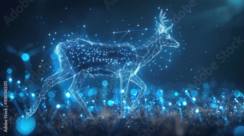 A glowing digital deer with a blue and white digital pattern walks through a field of light. photo