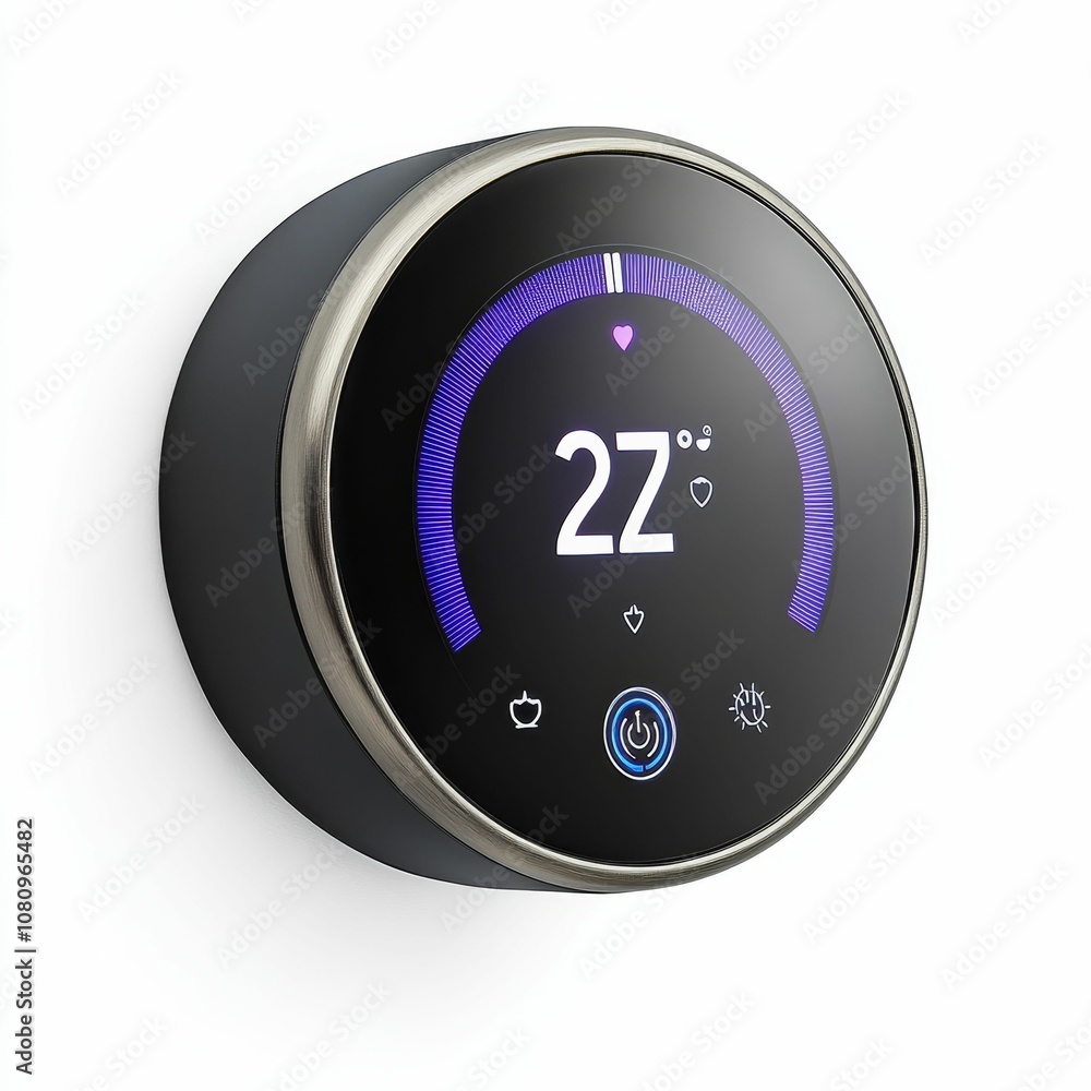 Round digital thermostat showing 22 degrees. Round digital thermostat showing 22 degrees.