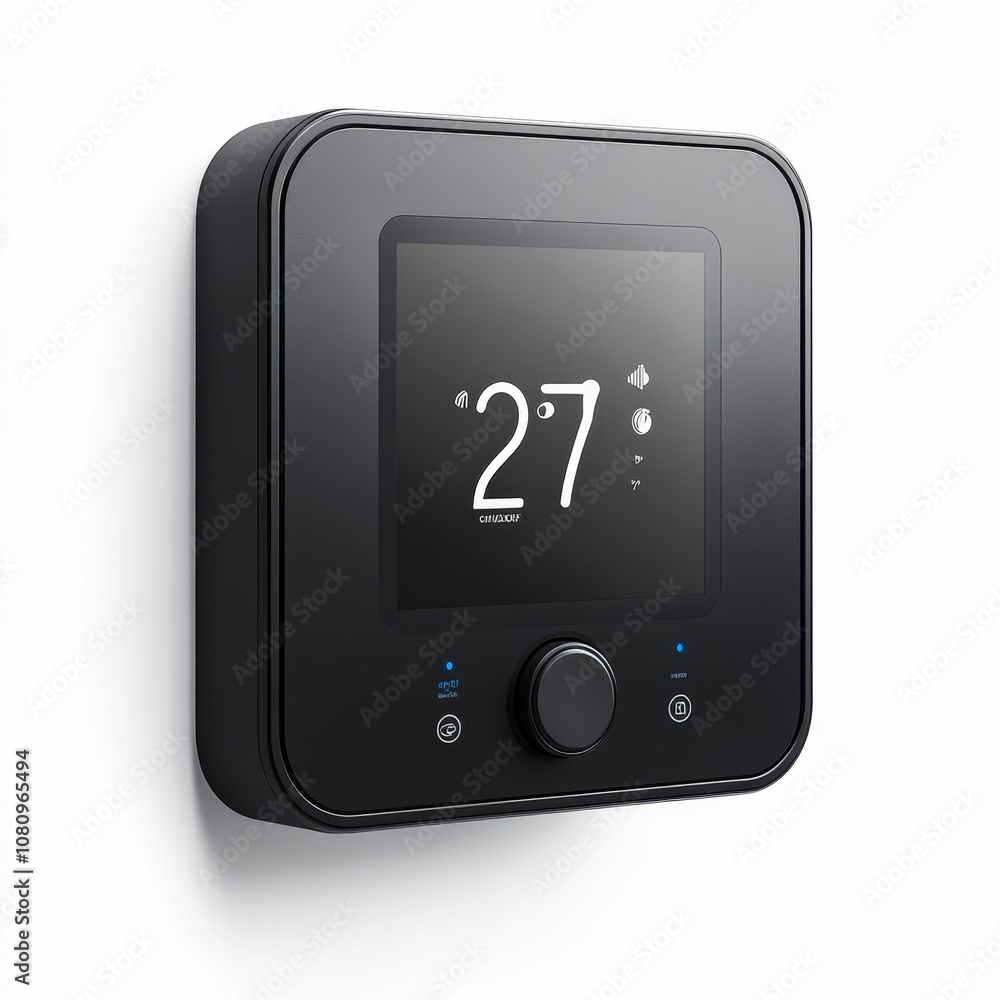 Black digital thermostat showing 27 degrees. Black digital thermostat showing 27 degrees.