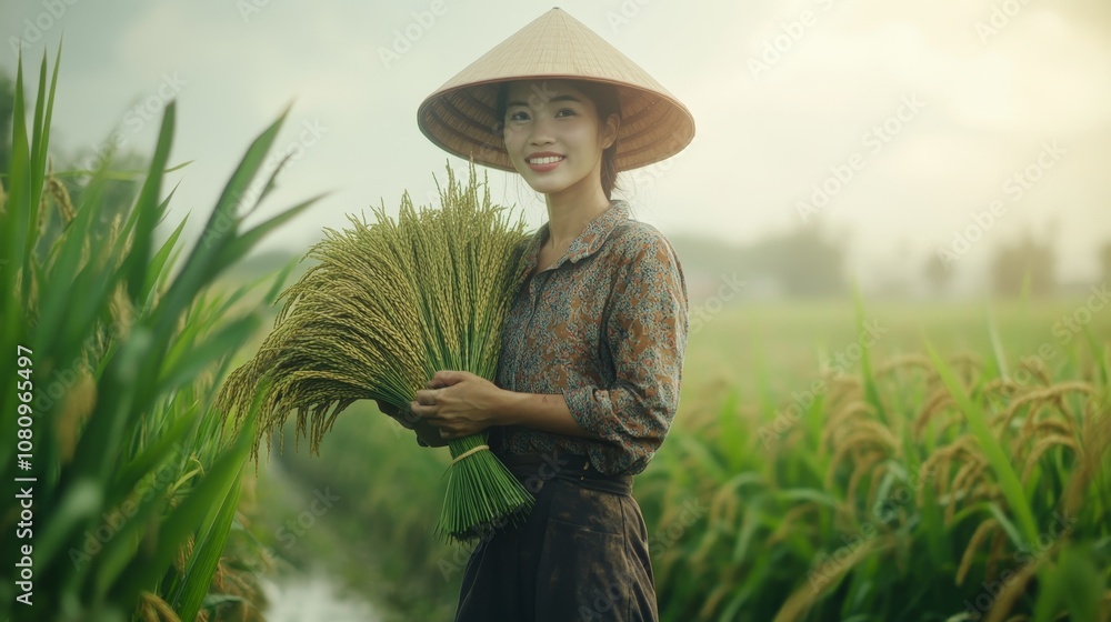 Obraz premium Vietnamese female rice farmer portrait in Mekong Delta 169 ratio