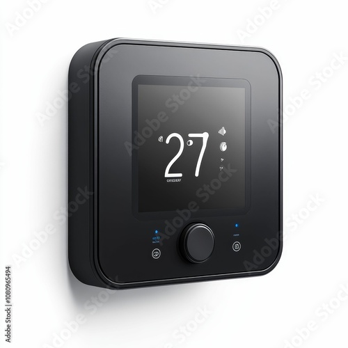 Black digital thermostat showing 27 degrees.