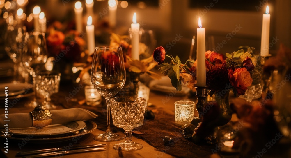 Warm candlelit banquet table with elegant floral decorations Warm candlelit banquet table with elegant floral decorations