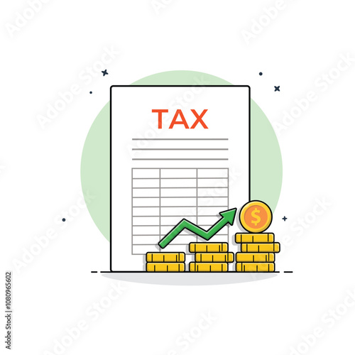 Tax Document with Gold Coin Stack Vector Illustration. Taxable Income Concept Design