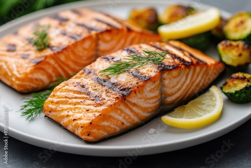 Two grilled salmon fillets, perfectly seared and garnished with lemon and herbs, providing a heartful culinary delight that satisfies both senses and cravings. photo