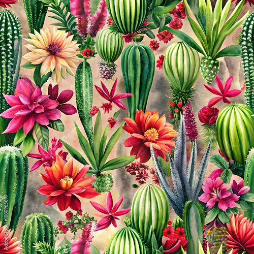 Cacti and Tropical Flowers Vibrant Pattern. Perfect for: Tropical parties, floral festivals