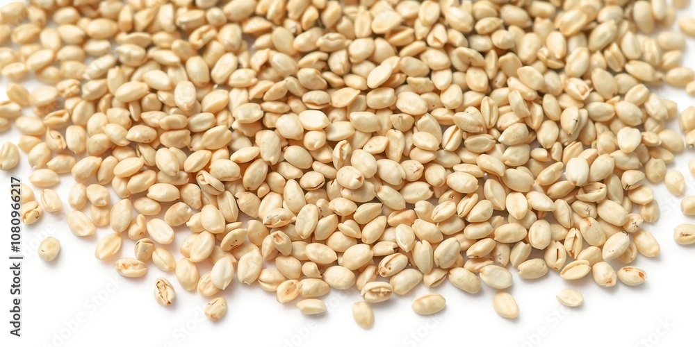 Close-up view of sesame seeds isolated on a white background, showcasing their small size, oval shape, and light beige color, sesame seeds, cooking Close-up view of sesame seeds isolated on a white background, showcasing their small size, oval shape, and light beige color, sesame seeds, cooking