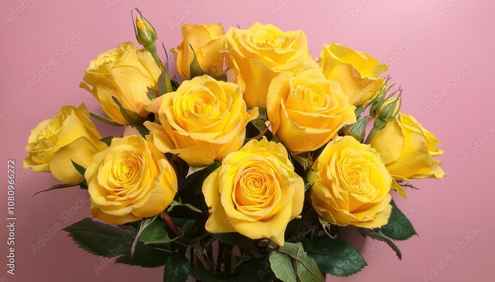 Elegant Bouquet of Yellow Roses Against Soft Pink Backdrop. Perfect for Romantic Valentine's Day Gestures, Anniversary Celebrations, or Expressing Friendship and Warmth Through Flowers Elegant Bouquet of Yellow Roses Against Soft Pink Backdrop. Perfect for Romantic Valentine's Day Gestures, Anniversary Celebrations, or Expressing Friendship and Warmth Through Flowers