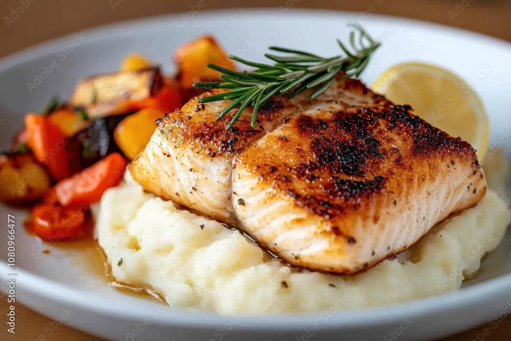 Delicious grilled salmon served on a bed of creamy mashed potatoes accompanied by vibrant, roasted vegetables garnished with fresh rosemary and a lemon wedge. Delicious grilled salmon served on a bed of creamy mashed potatoes accompanied by vibrant, roasted vegetables garnished with fresh rosemary and a lemon wedge.