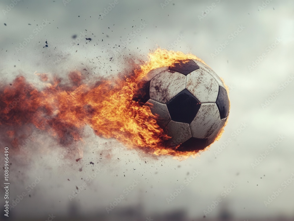 Fototapeta premium A soccer ball engulfed in flames, flying through the air, dramatic action shot, highspeed motion