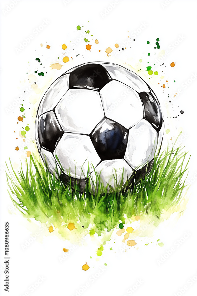 Fototapeta premium A colorful watercolor depiction of a soccer ball on a grassy field.