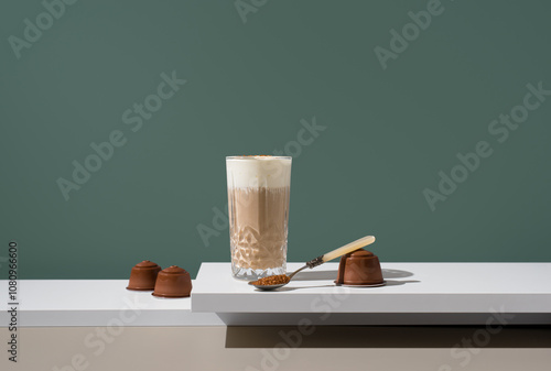 Coffee with Milk Cream and Brown Sugar on Minimalist Surface photo