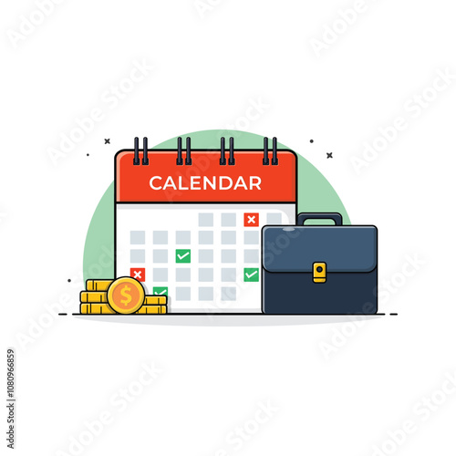 Calendar with Office Bag and Gold Coin Stack Vector Illustration. Business Schedule Concept Design