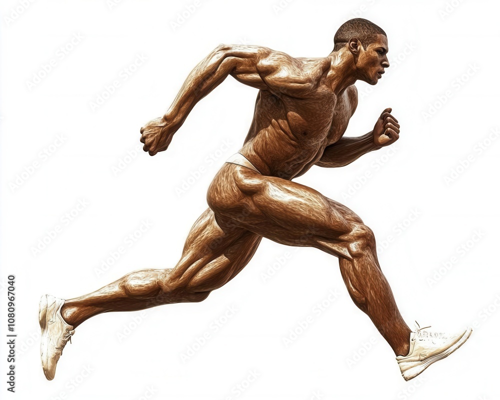Athlete midstride during a jog, focus on muscular form and movement, white background Athlete midstride during a jog, focus on muscular form and movement, white background