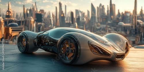 Futuristic sports car resting on open palm, glossy finish, ultramodern aesthetics, futuristic city skyline