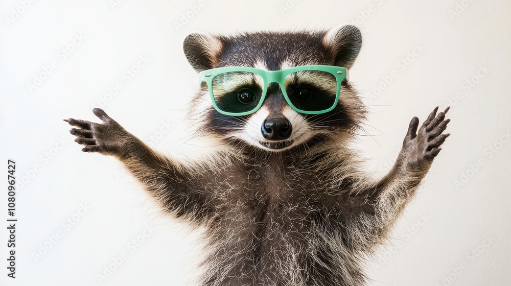 Fototapeta premium Funny raccoon in green sunglasses showing a rock gesture, isolated on a white background for a playful and humorous effect.