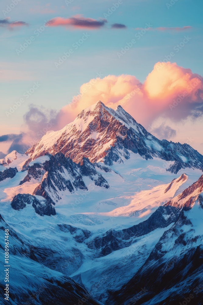 Snowy mountains at sunset with pink clouds.