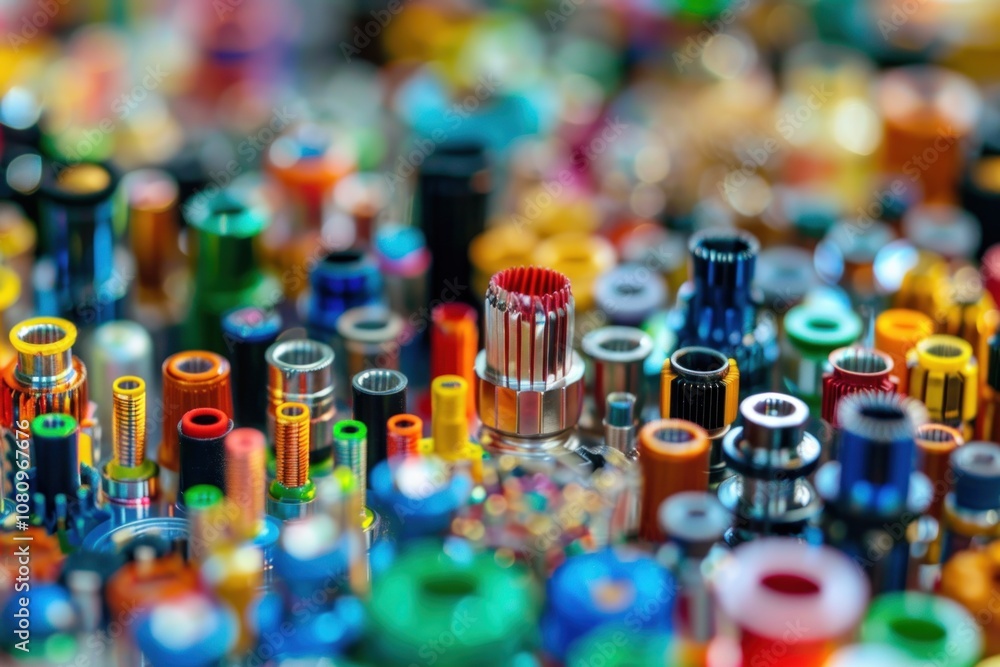 Colorful metal gears and tubes in a close-up shot with a shallow depth of field. Colorful metal gears and tubes in a close-up shot with a shallow depth of field.