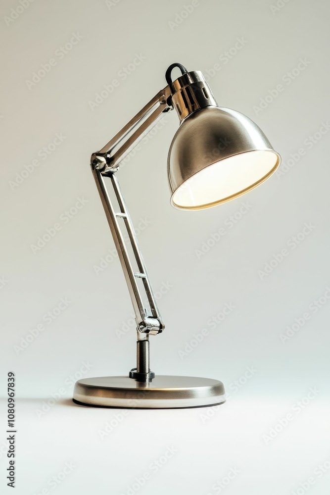 Silver desk lamp with a white shade. Silver desk lamp with a white shade.