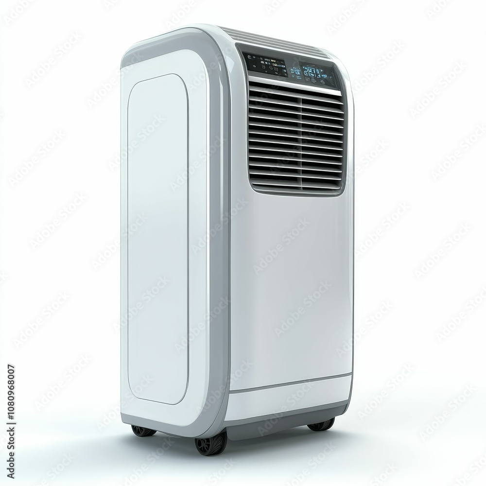 Portable air conditioner with wheels and digital display. Portable air conditioner with wheels and digital display.