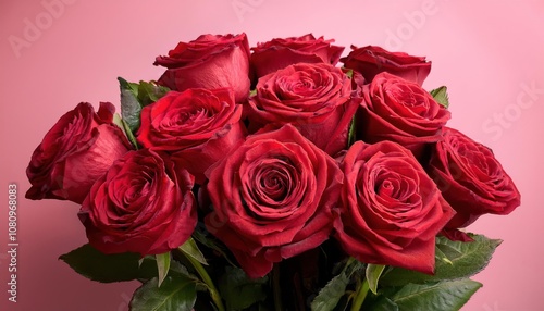 Lush Valentine's Day Bouquet of Crimson Red Roses on Soft Pink Background. Romantic Expression of Love, Passion, and Affection for Valentine's Day Gift Ideas or Digital Greetings