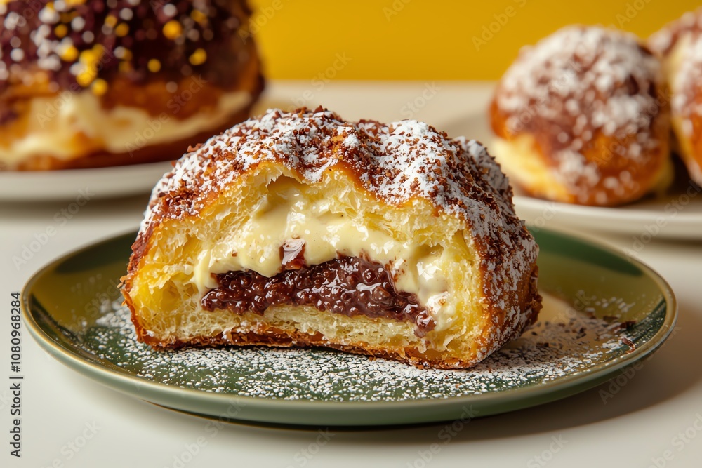 Delicious cream-filled pastry with powdered sugar on a plate, highlighting its indulgent texture. Delicious cream-filled pastry with powdered sugar on a plate, highlighting its indulgent texture.