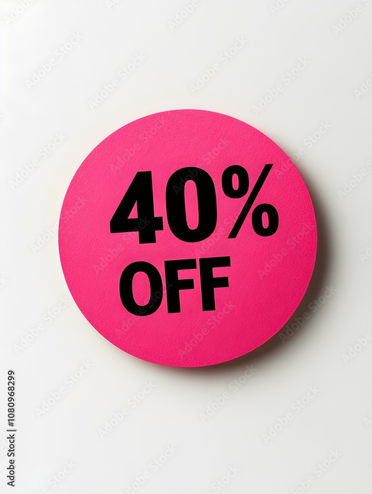 Black '40% OFF' Text on a Hot Pink Round Paper Note. White Background Black '40% OFF' Text on a Hot Pink Round Paper Note. White Background
