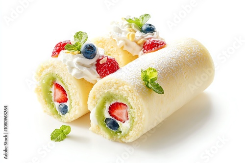 Delicious cream roll dessert with berries and mint on a white isolated background. photo