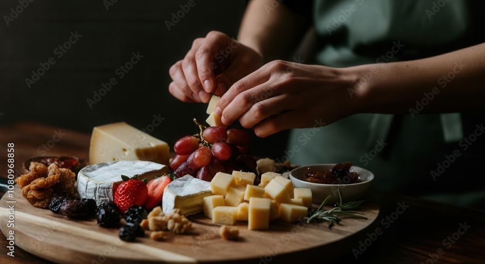 Gourmet cheese platter arrangement with fruits nuts on wooden board Gourmet cheese platter arrangement with fruits nuts on wooden board