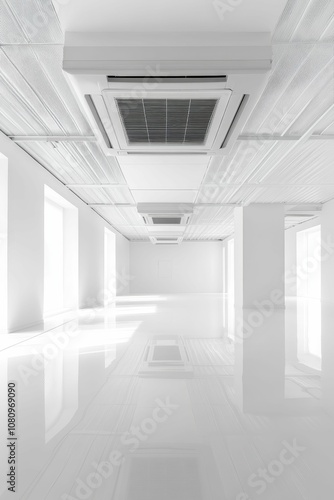 White room with AC units and reflective floor.