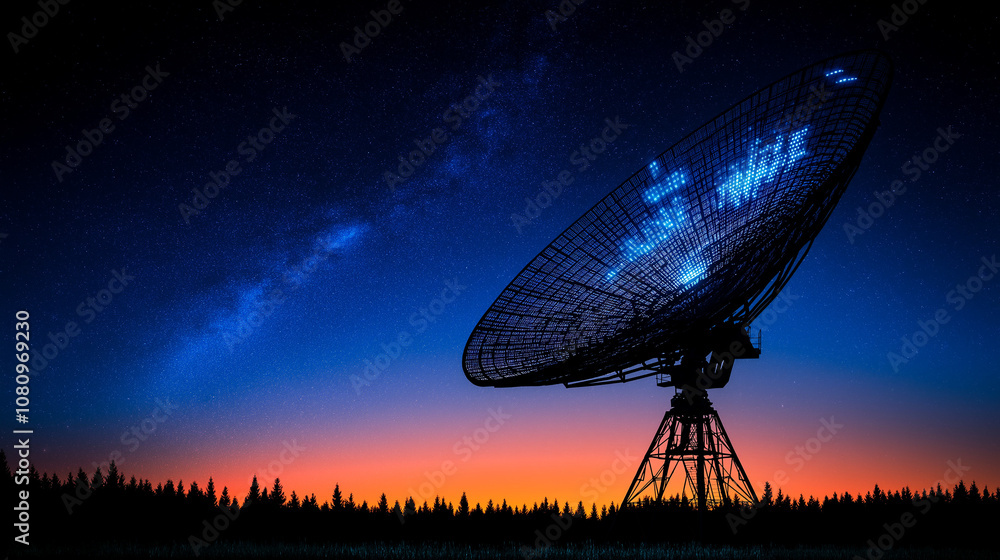 Cosmic Discovery: A colossal satellite dish stands sentinel against a breathtaking night sky, with a vibrant Milky Way stretching across the horizon. This powerful image evokes a sense of exploration. Cosmic Discovery: A colossal satellite dish stands sentinel against a breathtaking night sky, with a vibrant Milky Way stretching across the horizon. This powerful image evokes a sense of exploration.