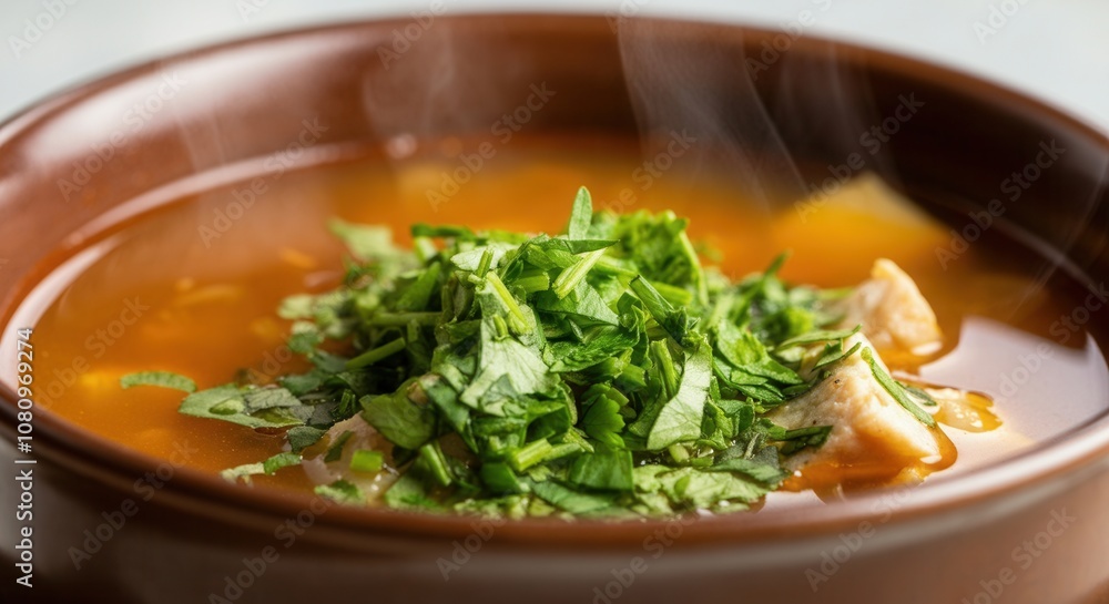 Steaming hot vegetable soup with fresh herbs in brown bowl Steaming hot vegetable soup with fresh herbs in brown bowl