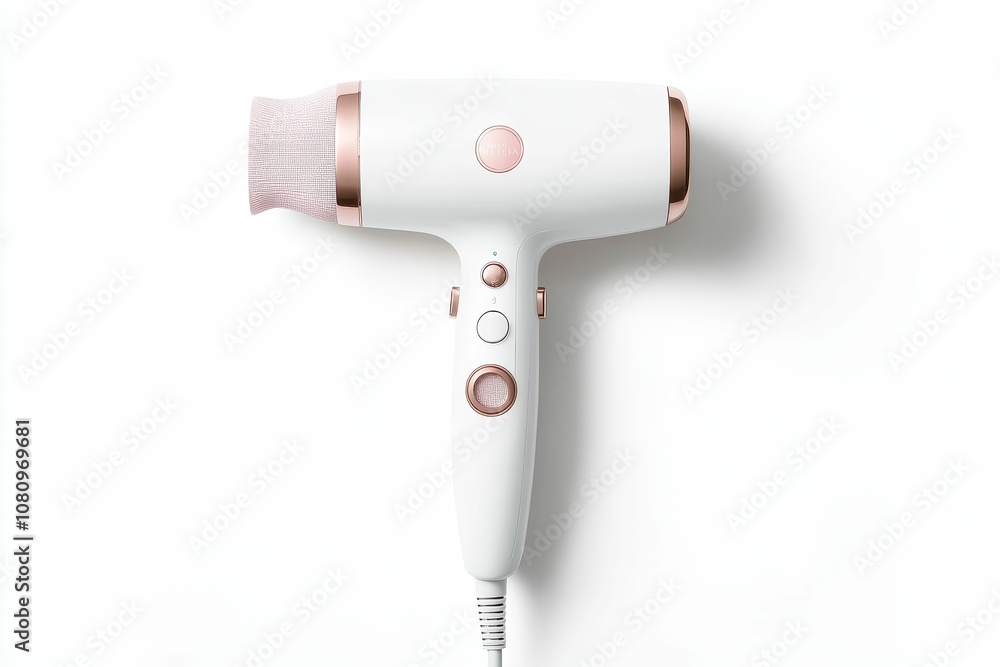 White hair dryer with pink accents. White hair dryer with pink accents.