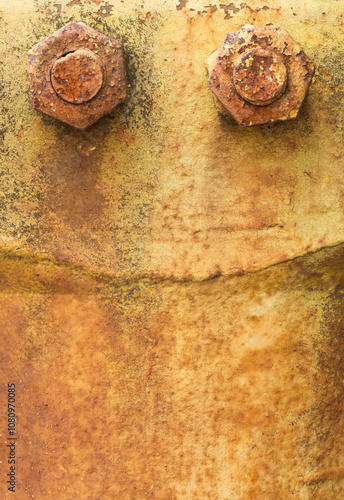 Close-up of rusted metal with bolts in a junkyard setting