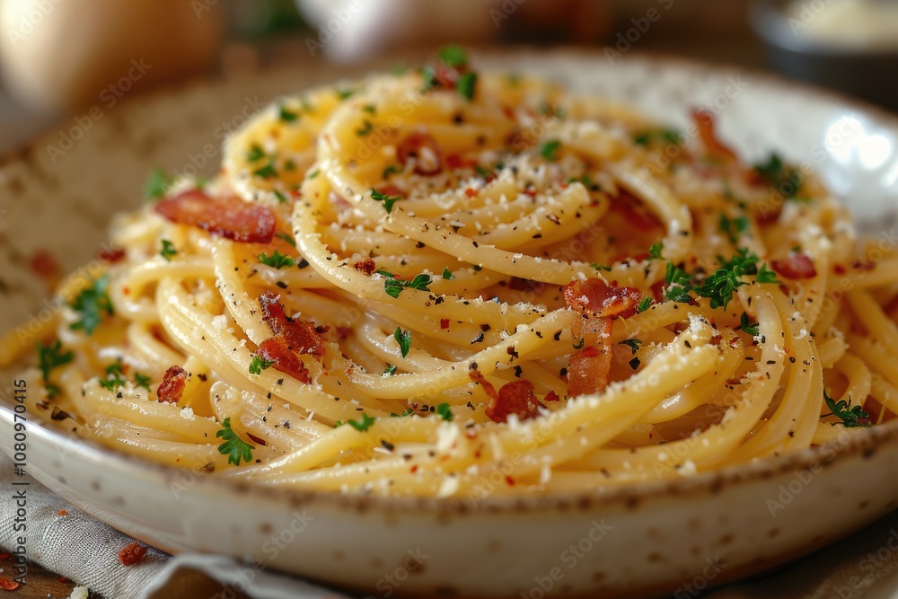 Close-up of spaghetti with bacon, parsley, and parmesan cheese Close-up of spaghetti with bacon, parsley, and parmesan cheese