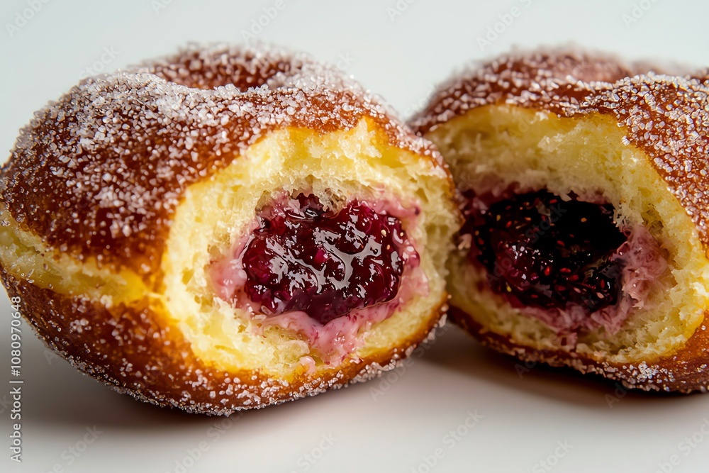 Sweet doughnut filled with jam, dusted with sugar on a white isolate background. Sweet doughnut filled with jam, dusted with sugar on a white isolate background.