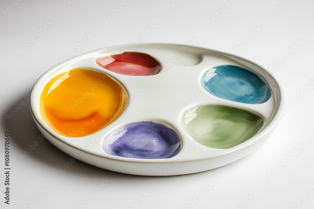 White dish with colorful indentations. White dish with colorful indentations.