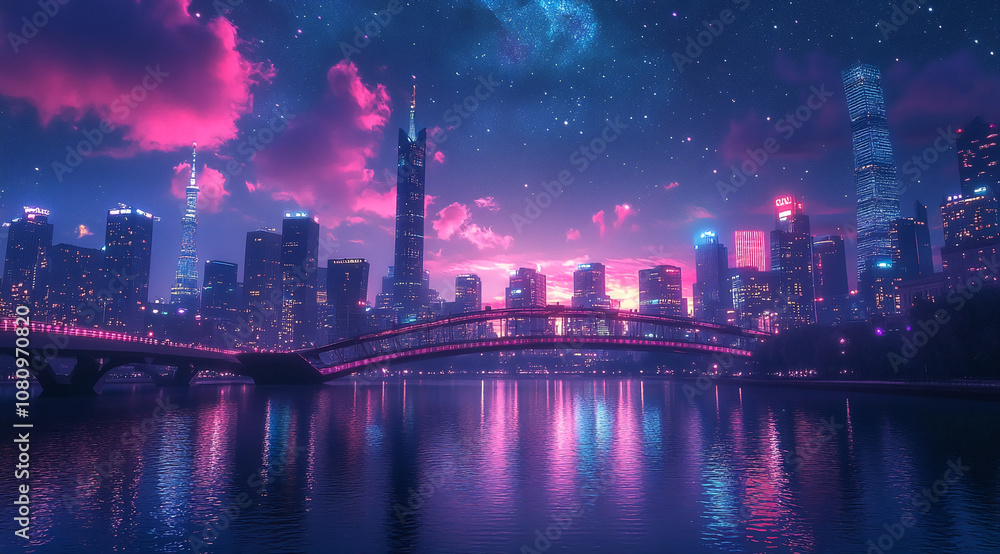 A city skyline with a bridge in the foreground, lit up against a pink and blue twilight sky A city skyline with a bridge in the foreground, lit up against a pink and blue twilight sky