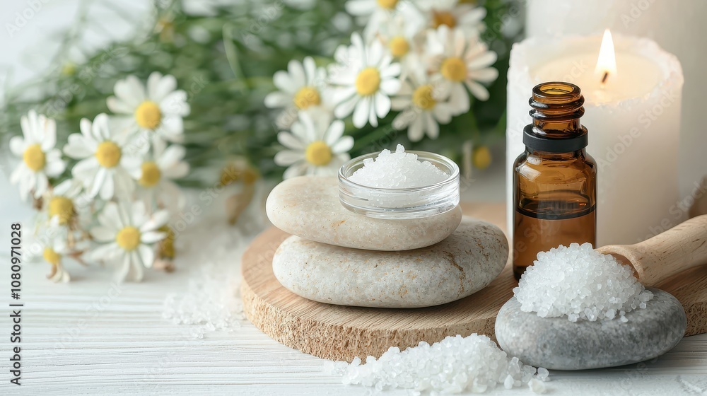 Beauty treatment items for spa procedures on a white wooden table, featuring massage stones, essential oils, and sea salt. Beauty treatment items for spa procedures on a white wooden table, featuring massage stones, essential oils, and sea salt.