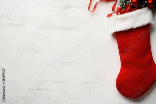 A festive red Christmas stocking adorned with white fur and decorations, perfect for holiday cheer and seasonal celebrations. photo