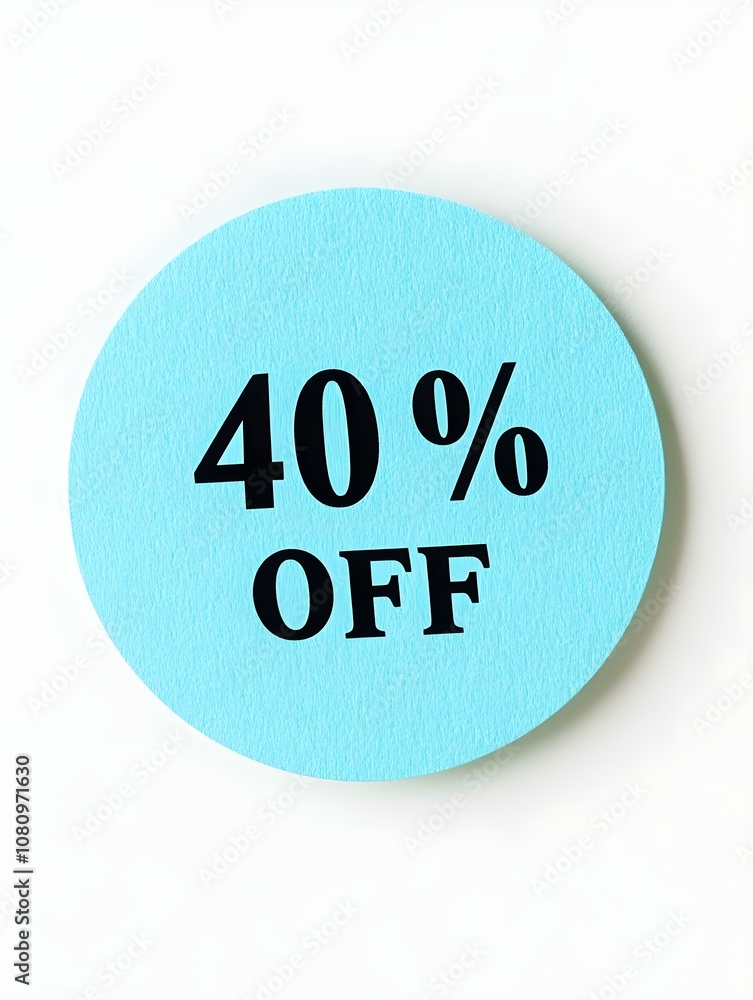 Black '40% OFF' Text on a Light Blue Round Paper Note. White Background Black '40% OFF' Text on a Light Blue Round Paper Note. White Background