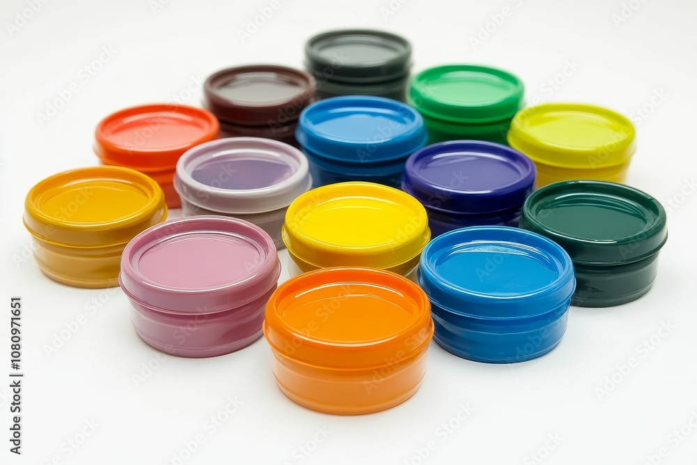Colorful round containers on white background. Colorful round containers on white background.