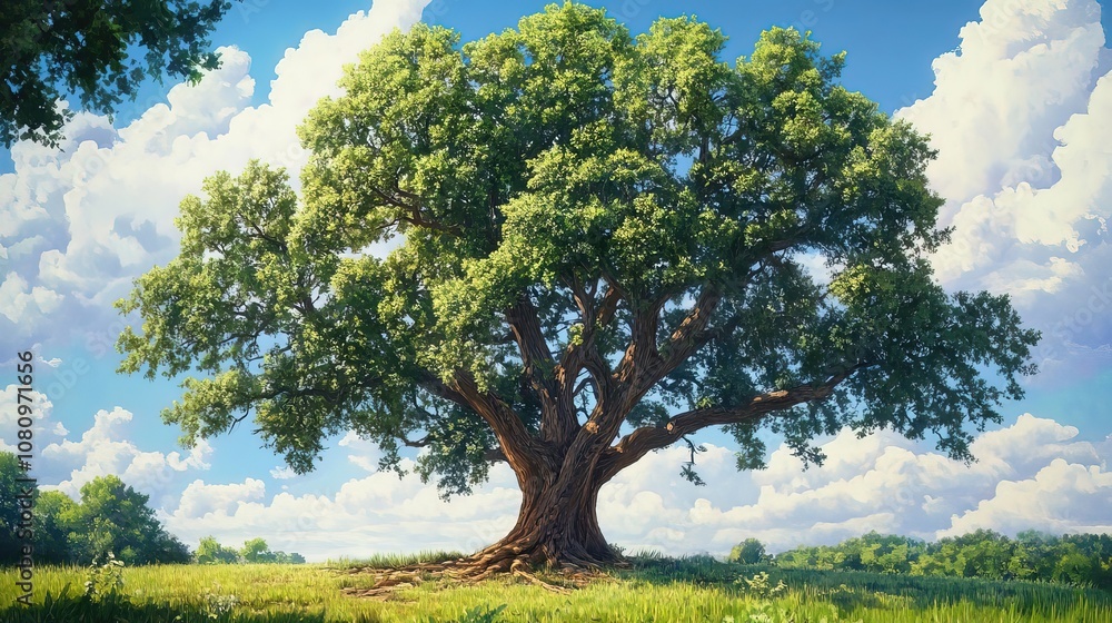 A large, lush tree stands majestically in a bright, open field. A large, lush tree stands majestically in a bright, open field.